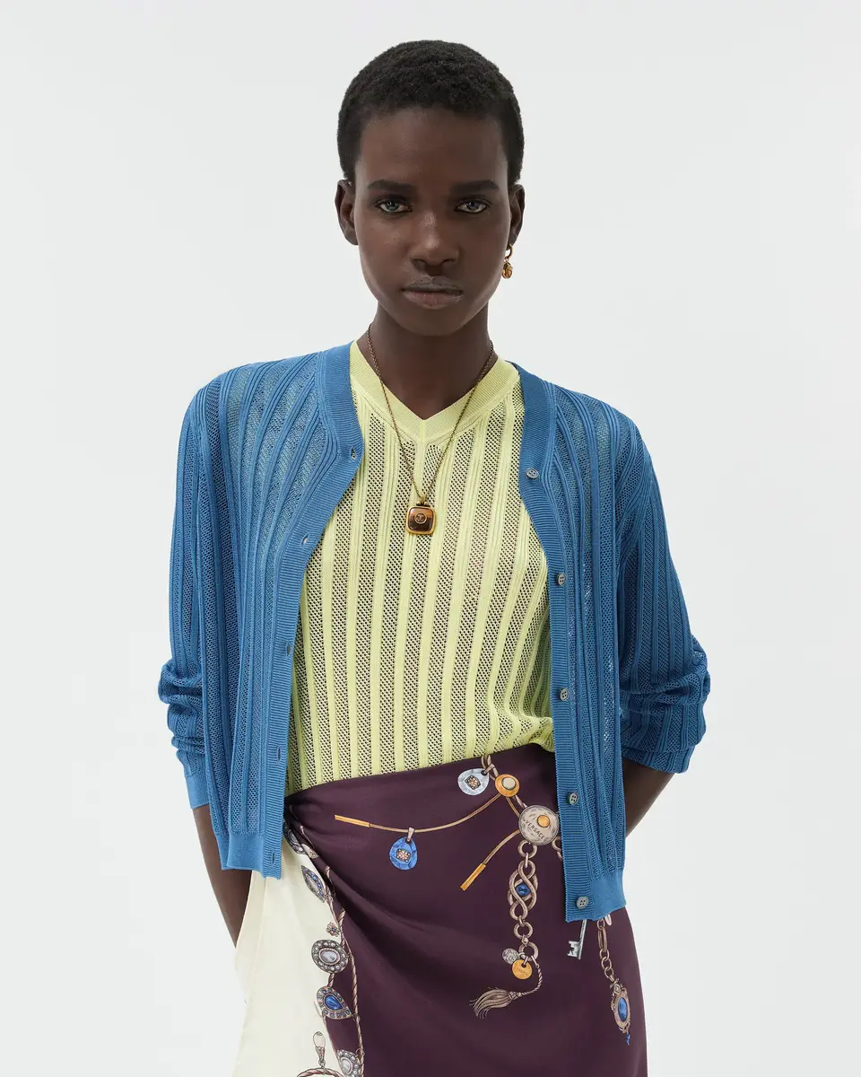 Versace Viscose Mesh Ribbed Knit Cardigan | Thumbnail 2 Versace Viscose Mesh Ribbed Knit Cardigan | Thumbnail 2