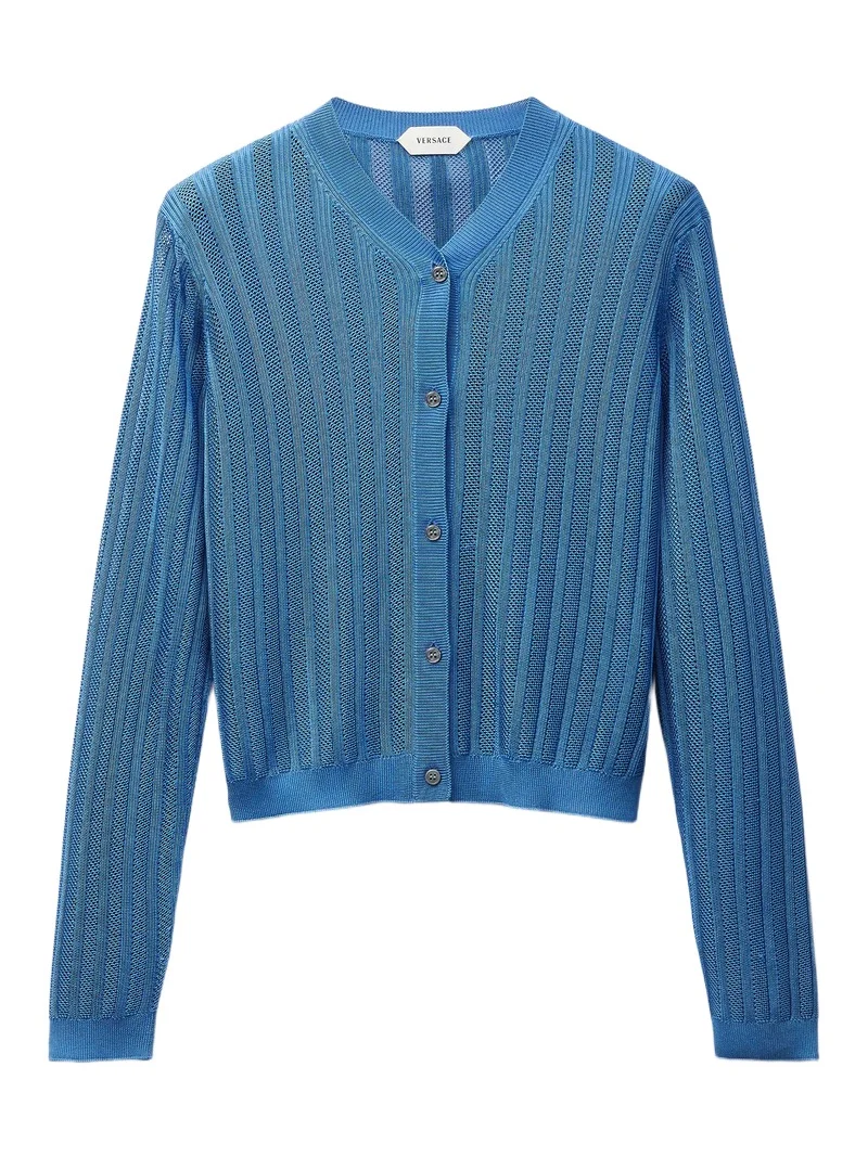 Versace Viscose Mesh Ribbed Knit Cardigan
