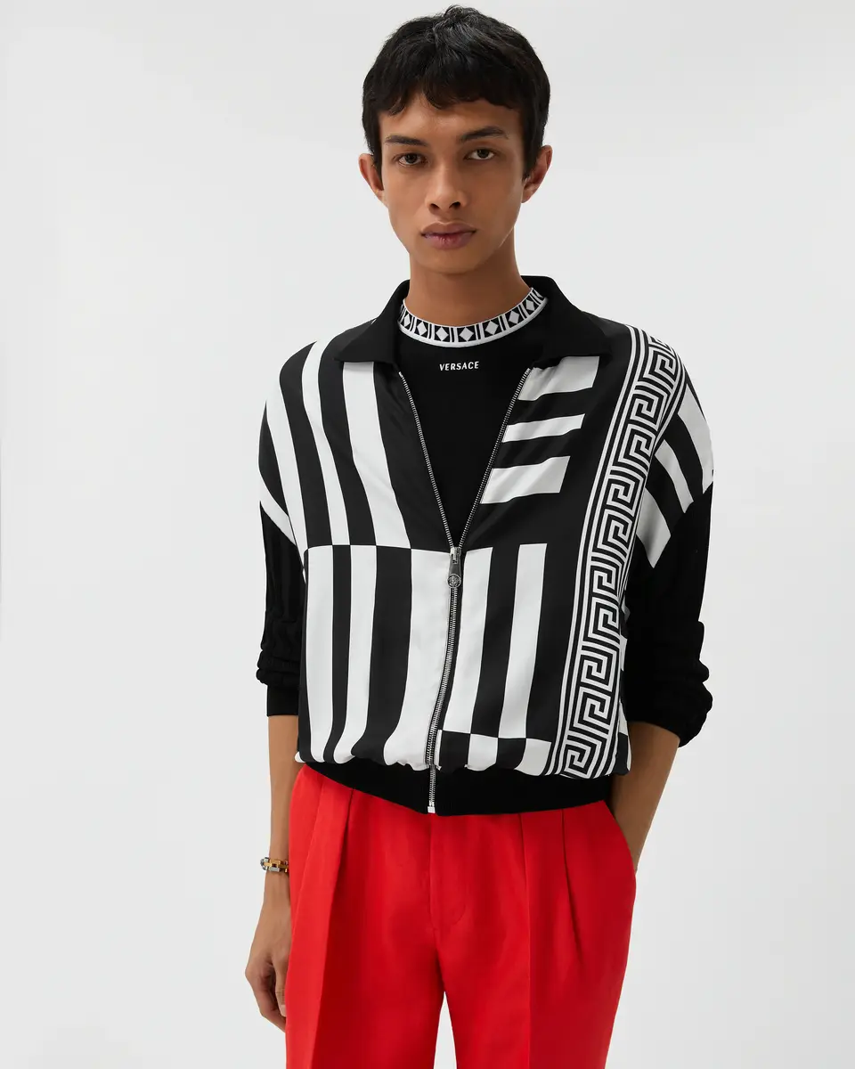 Versace Printed Silk Inserts Knit Zip Cardigan | Thumbnail 2 Versace Printed Silk Inserts Knit Zip Cardigan | Thumbnail 2