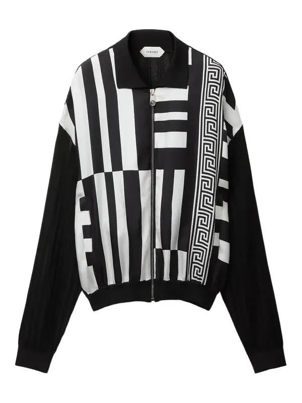 Versace Printed Silk Inserts Knit Zip Cardigan