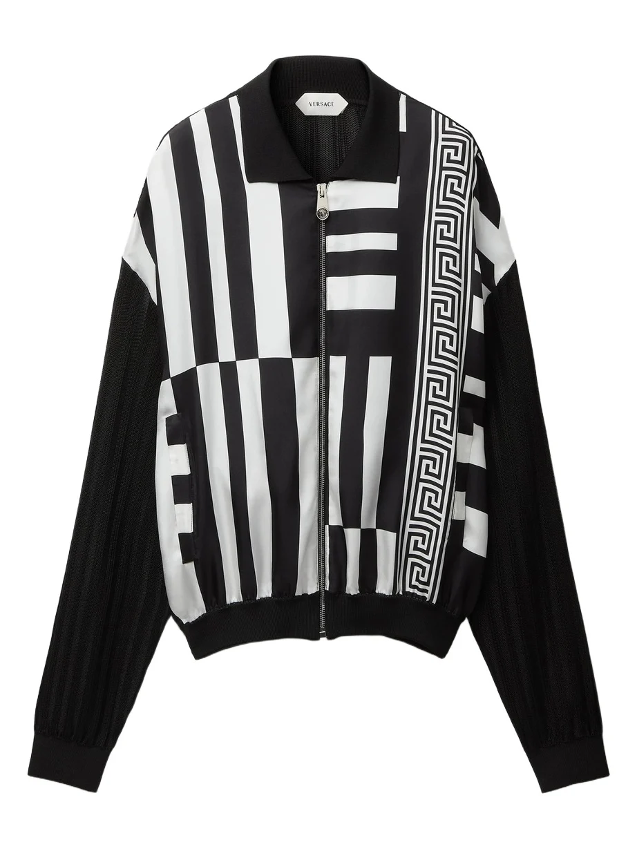 Versace Printed Silk Inserts Knit Zip Cardigan