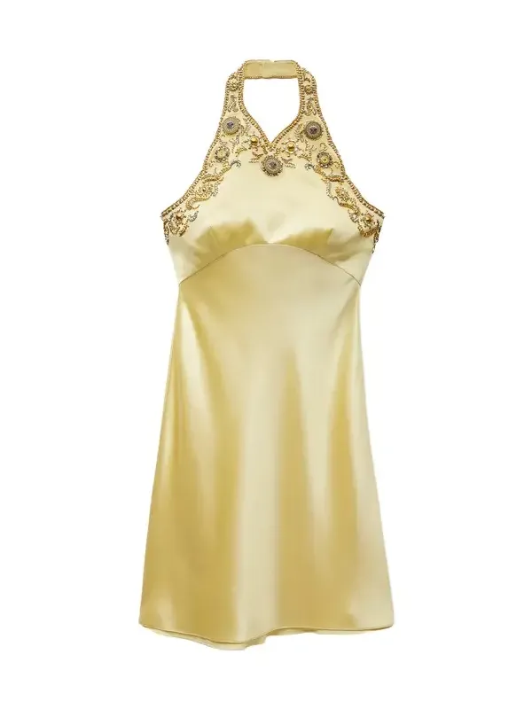 Embroidered Silk Cady Satin Mini Dress