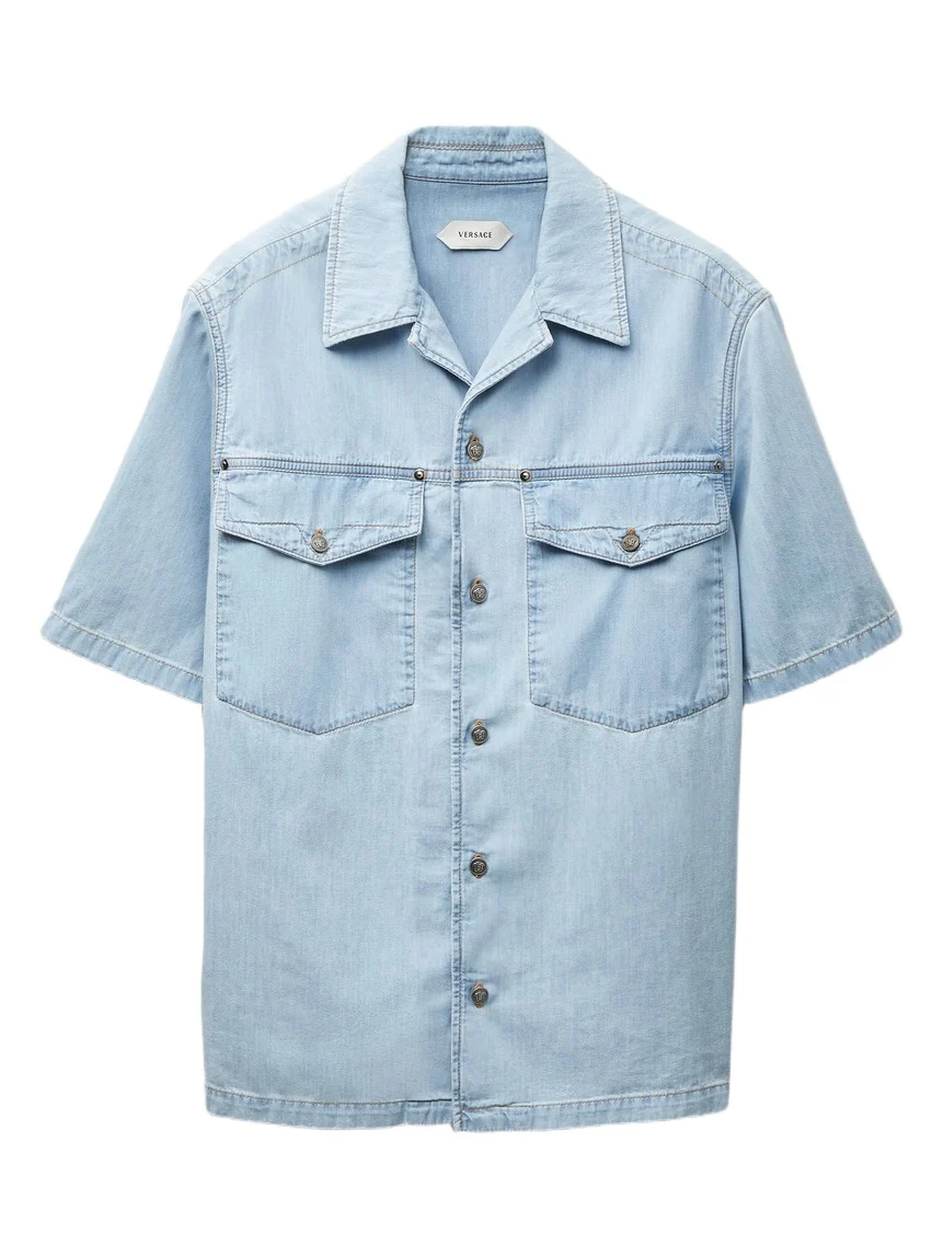 Versace Embroidered-Logo Denim Cotton Shirt