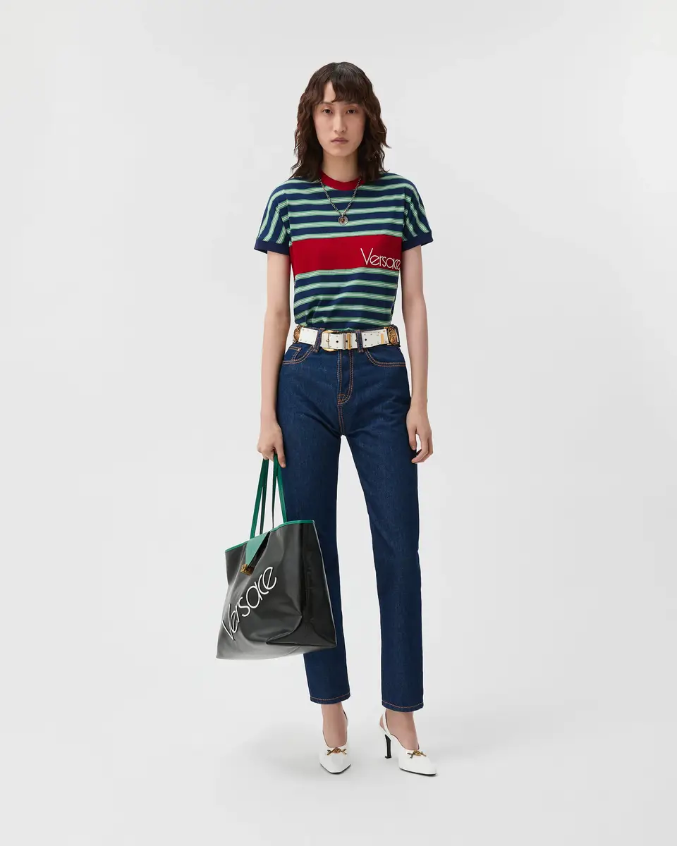 Versace Embroidered-Logo Striped-Intarsia Cotton T-Shirt | Thumbnail 2 Versace Embroidered-Logo Striped-Intarsia Cotton T-Shirt | Thumbnail 2