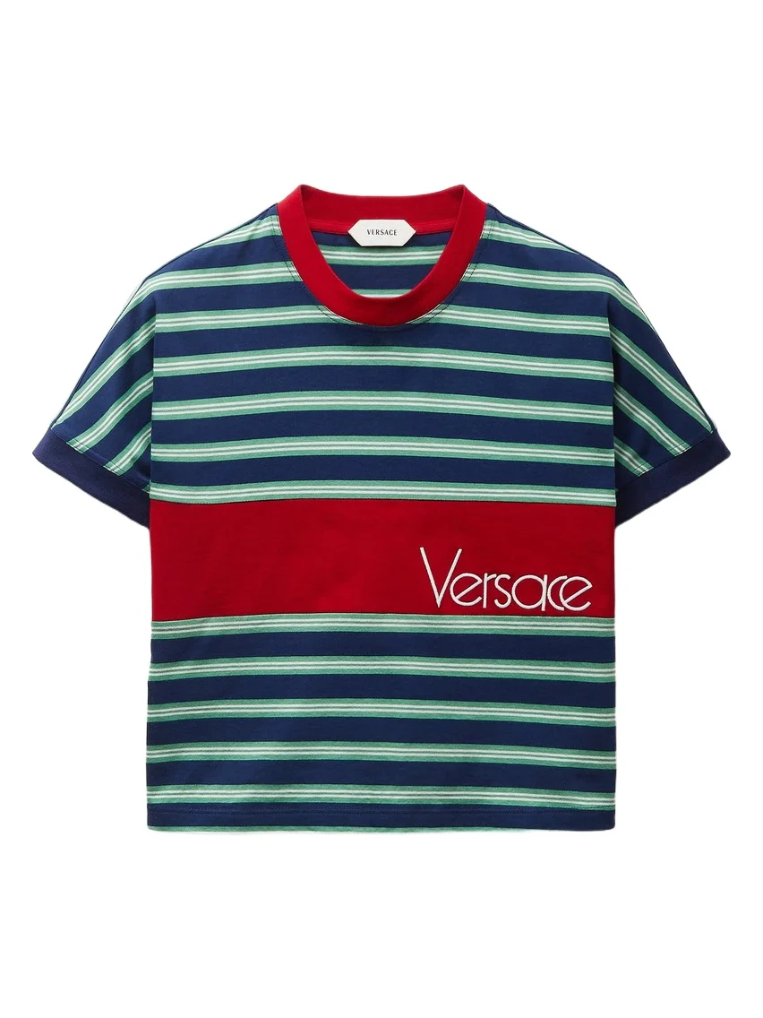Versace Embroidered-Logo Striped-Intarsia Cotton T-Shirt