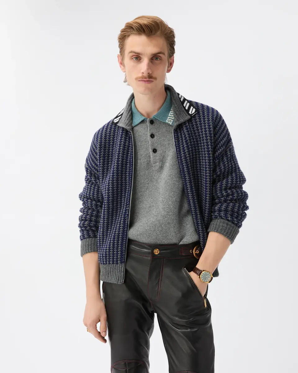 Versace Intarsia Wool Knit Zip Cardigan | Thumbnail 2 Versace Intarsia Wool Knit Zip Cardigan | Thumbnail 2