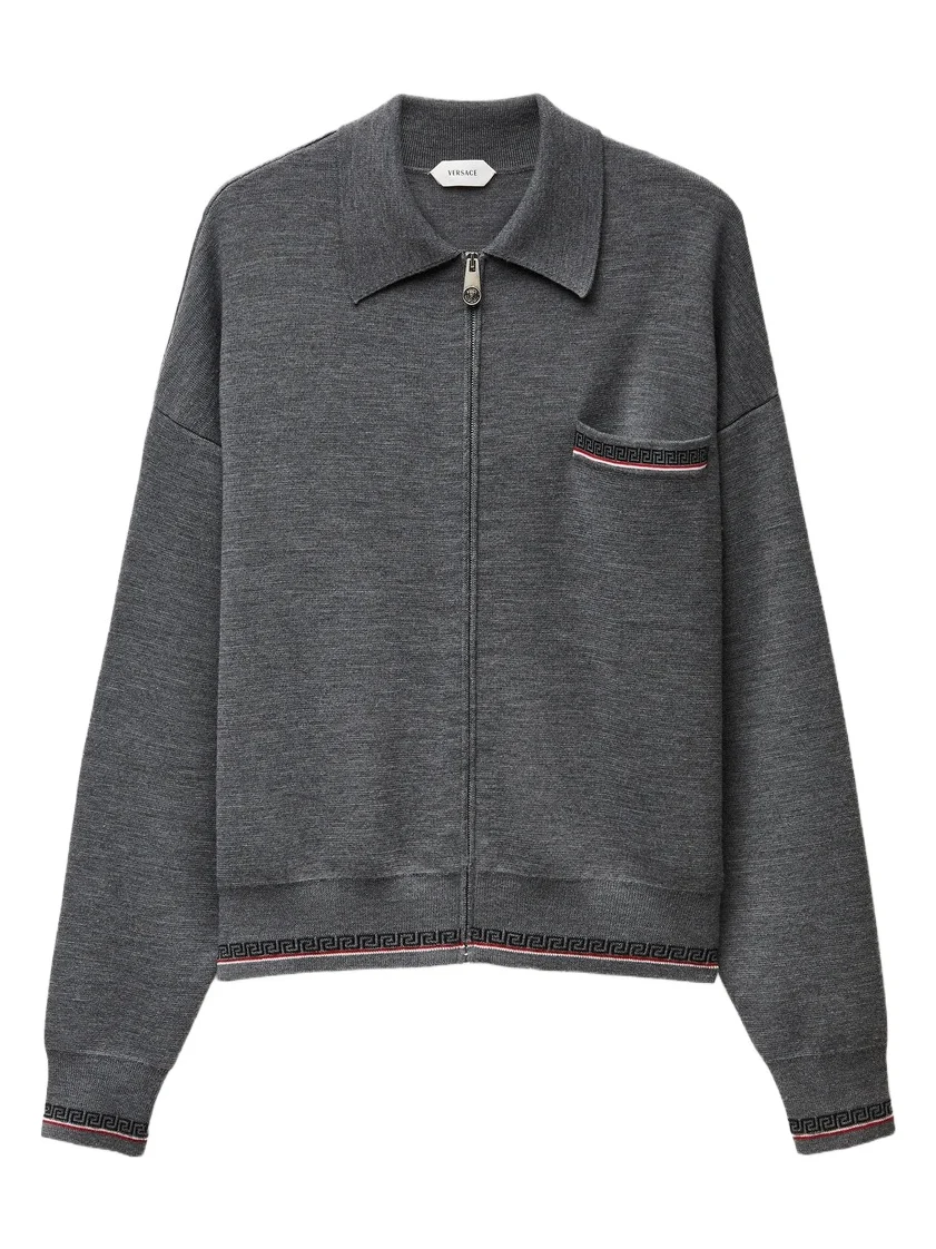 Versace Jacquard Wool Knit Zip Sweater