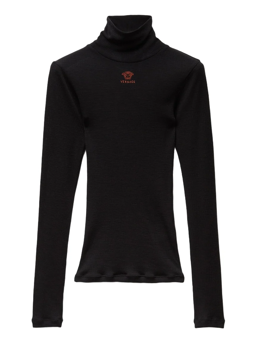Versace Embroidered-Logo Wool Knit Turtleneck