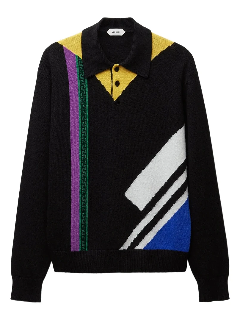 Versace Wool Intarsia Knit Polo Sweater