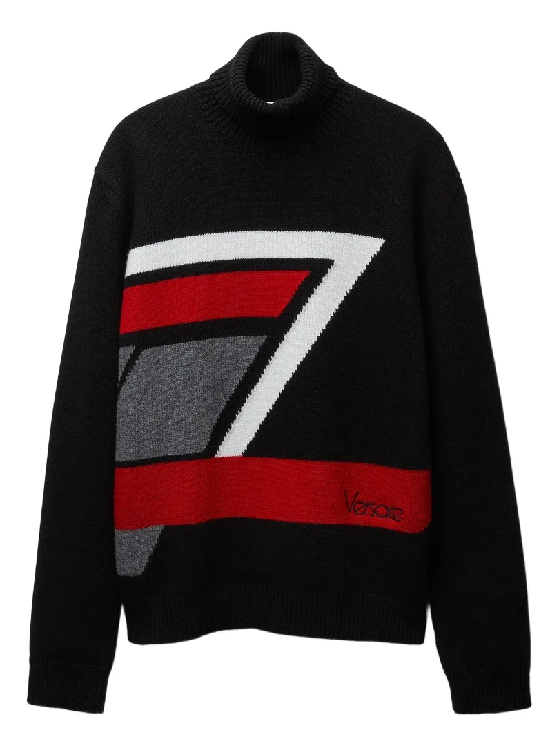 Versace Wool Intarsia Knit Turtleneck Sweater