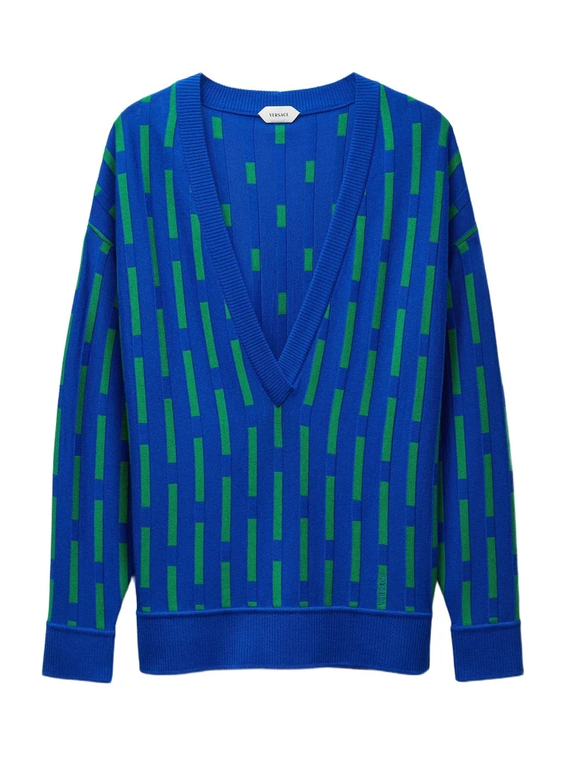 Embroidered-Logo Wool Knit V-Neck Sweater
