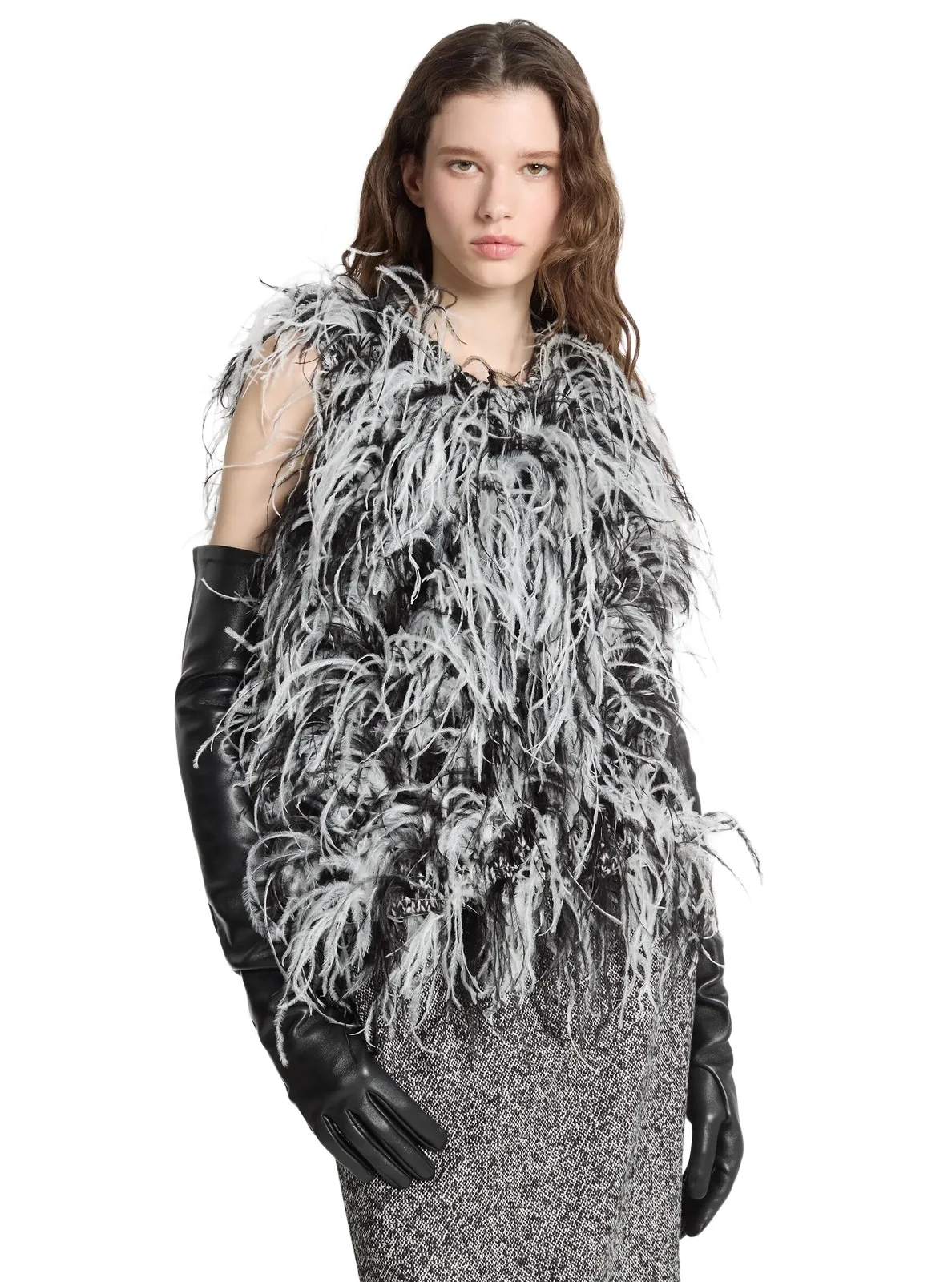 Michael Kors Collection Hand-Embroidered Feather Tweed Sweater Top in Black