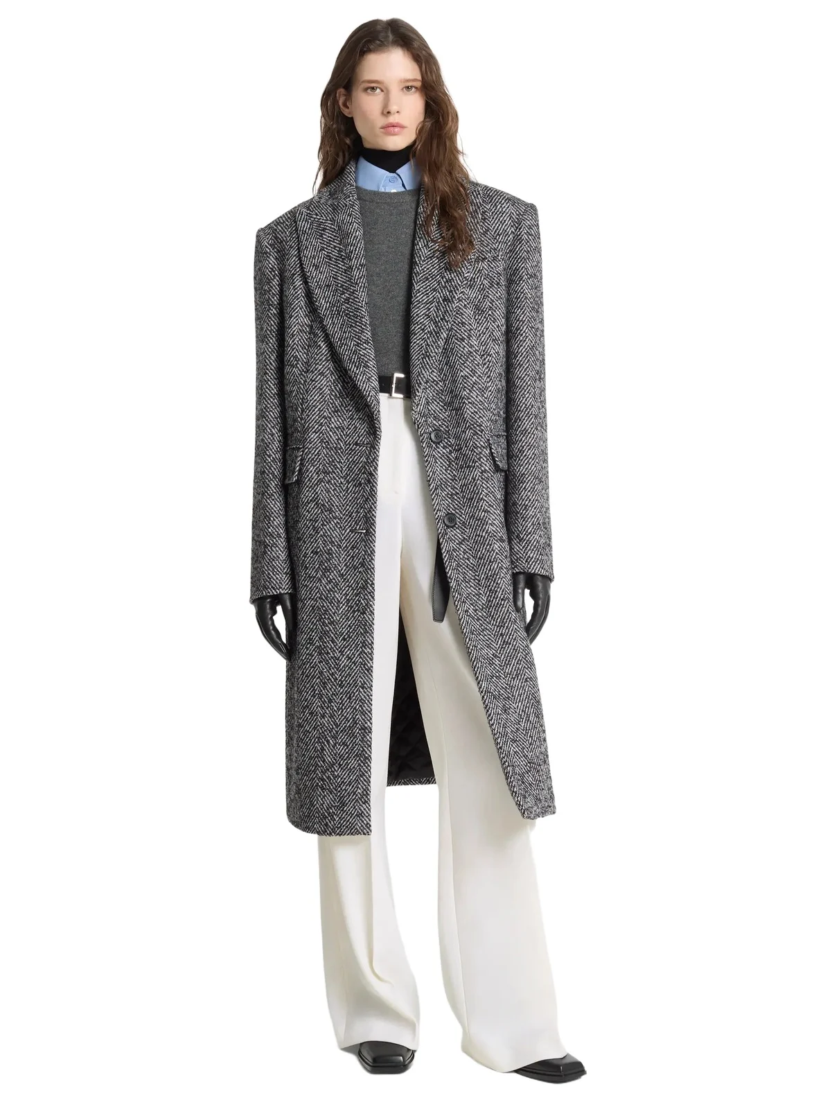 Herringbone Cotton Blend Melton Reefer Coat in Grey