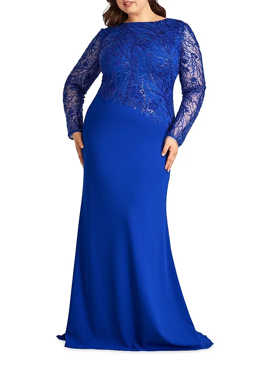 Tadashi Shoji Women's Plus Asymmetric Lace Long-Sleeve Gown | Thumbnail 2