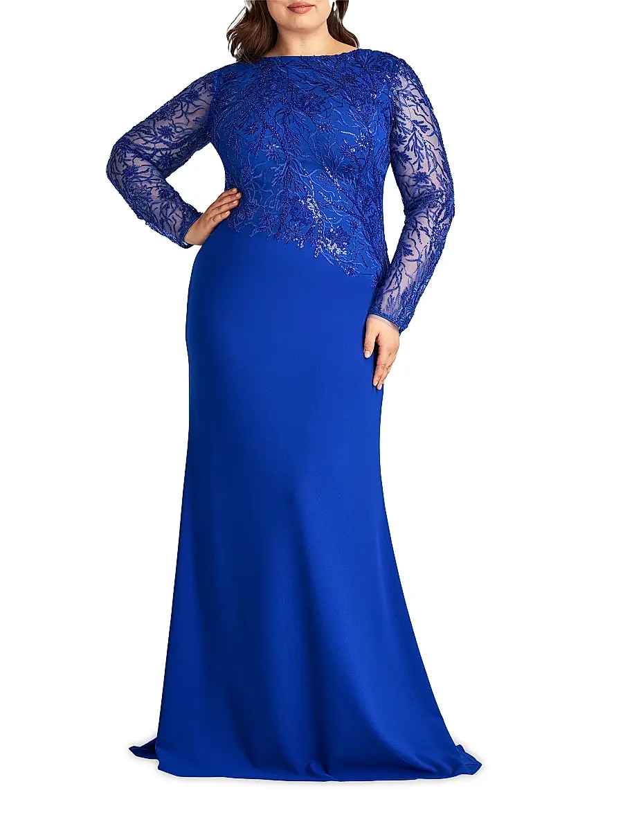Tadashi Shoji Women's Plus Asymmetric Lace Long-Sleeve Gown | Thumbnail 3