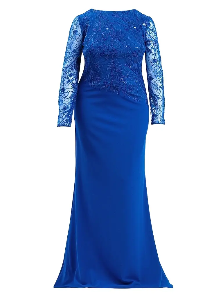 Tadashi Shoji Women's Plus Asymmetric Lace Long-Sleeve Gown