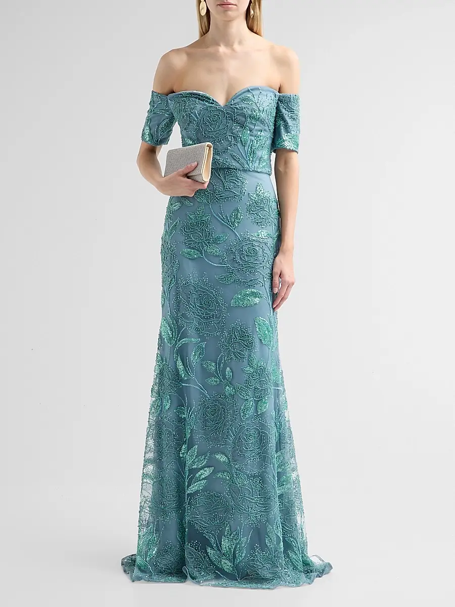 THEIA Women's Turin Floral Beaded Off-The-Shoulder Gown | Thumbnail 2 THEIA Women's Turin Floral Beaded Off-The-Shoulder Gown | Thumbnail 2