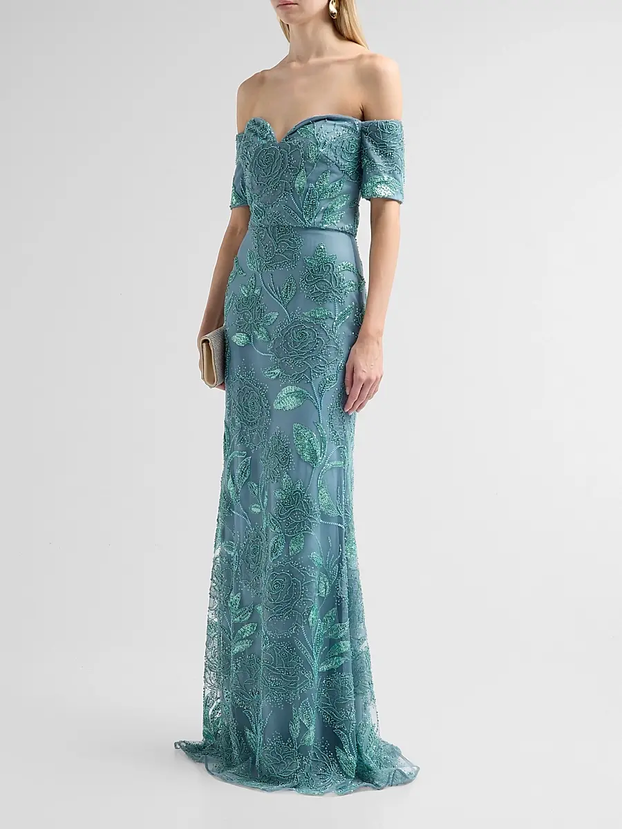 THEIA Women's Turin Floral Beaded Off-The-Shoulder Gown | Thumbnail 4 THEIA Women's Turin Floral Beaded Off-The-Shoulder Gown | Thumbnail 4