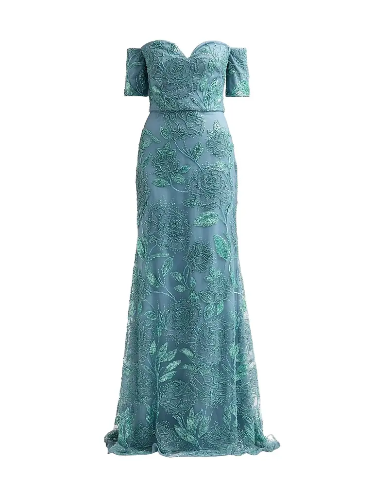 THEIA Women's Turin Floral Beaded Off-The-Shoulder Gown
