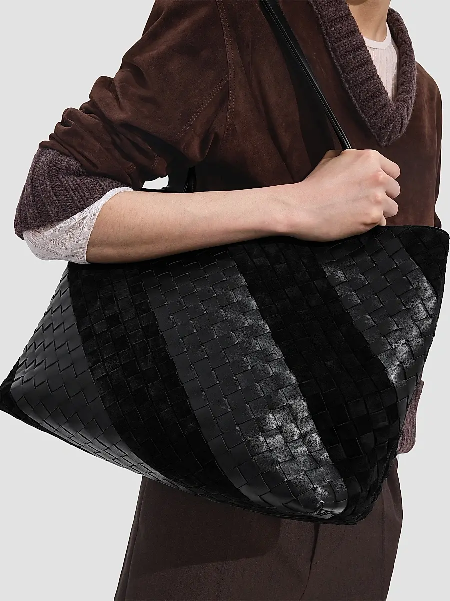 Bottega Veneta Men's Small Intrecciato Leather & Suede Tote - Black Silver | Thumbnail 2 Bottega Veneta Men's Small Intrecciato Leather & Suede Tote - Black Silver | Thumbnail 2