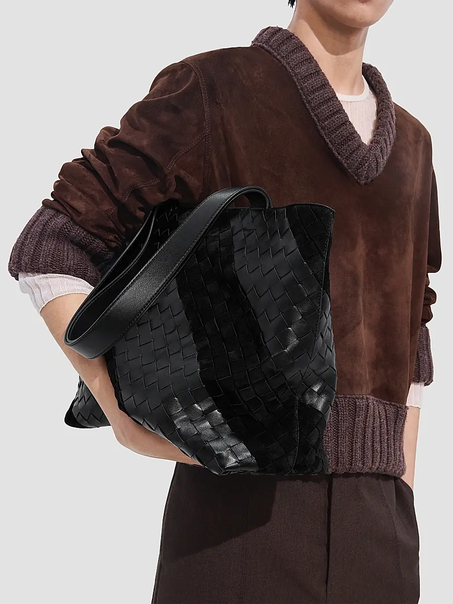 Bottega Veneta Men's Small Intrecciato Leather & Suede Tote - Black Silver | Thumbnail 3 Bottega Veneta Men's Small Intrecciato Leather & Suede Tote - Black Silver | Thumbnail 3