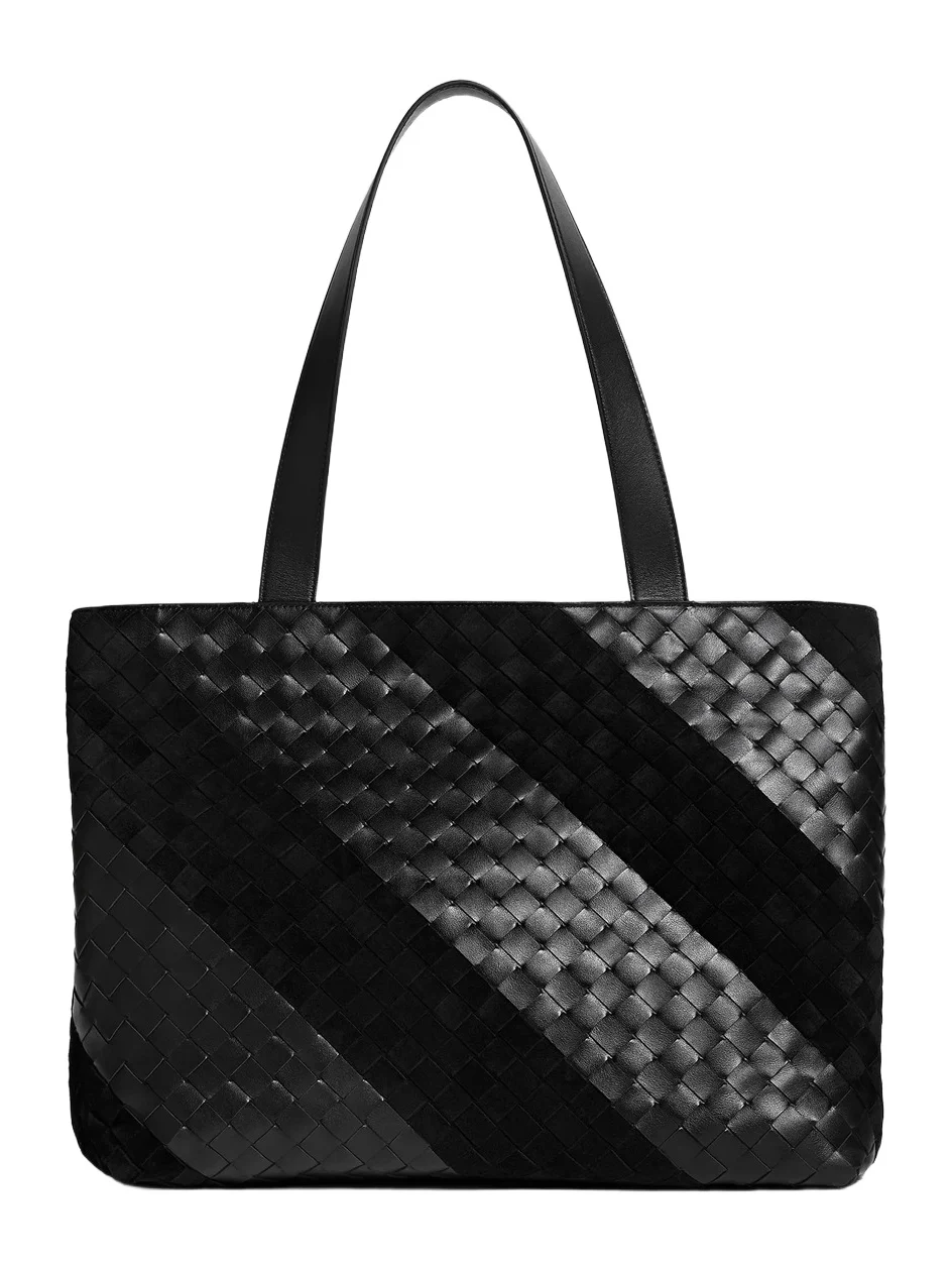 Men's Small Intrecciato Leather & Suede Tote - Black Silver Men's Small Intrecciato Leather & Suede Tote - Black Silver