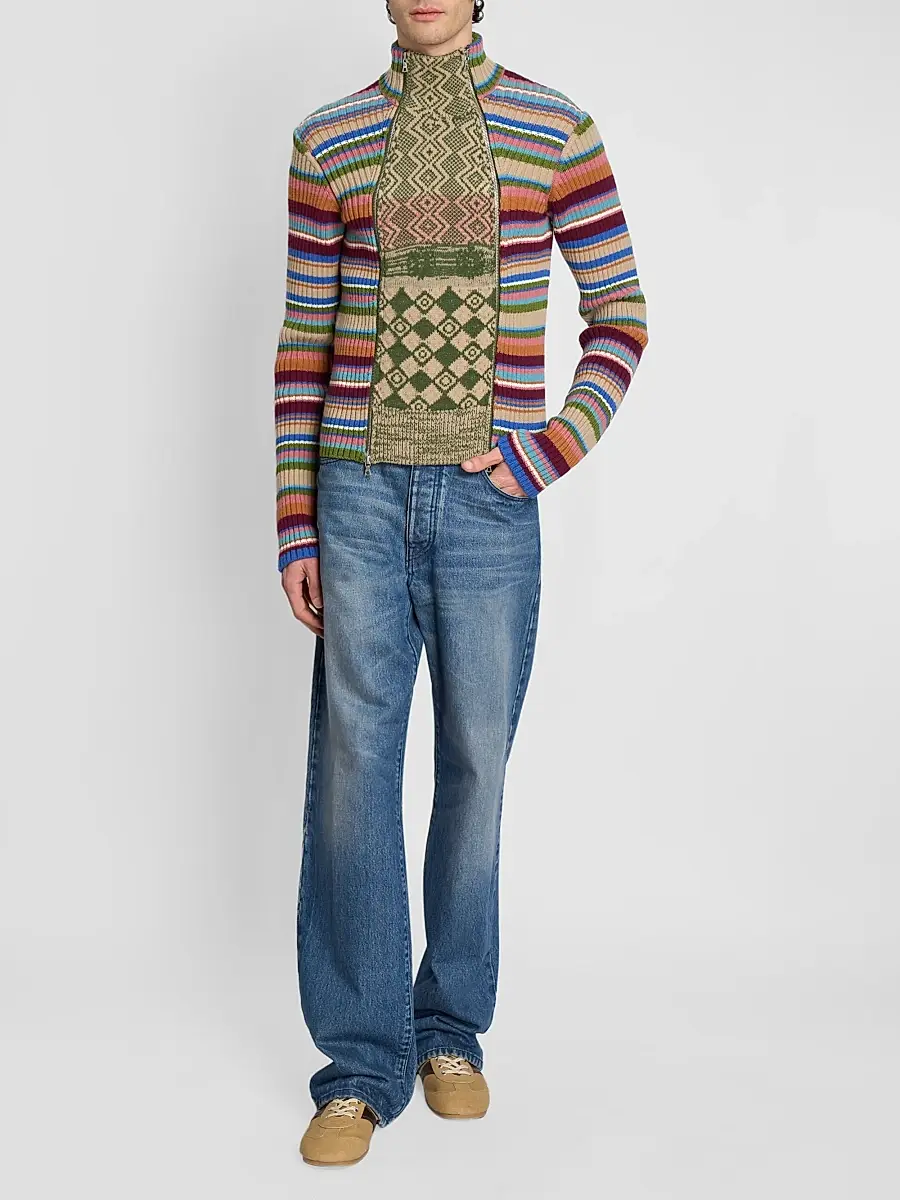 Dries Van Noten Men's Striped Wool Rib-Knit Cardigan | Thumbnail 2