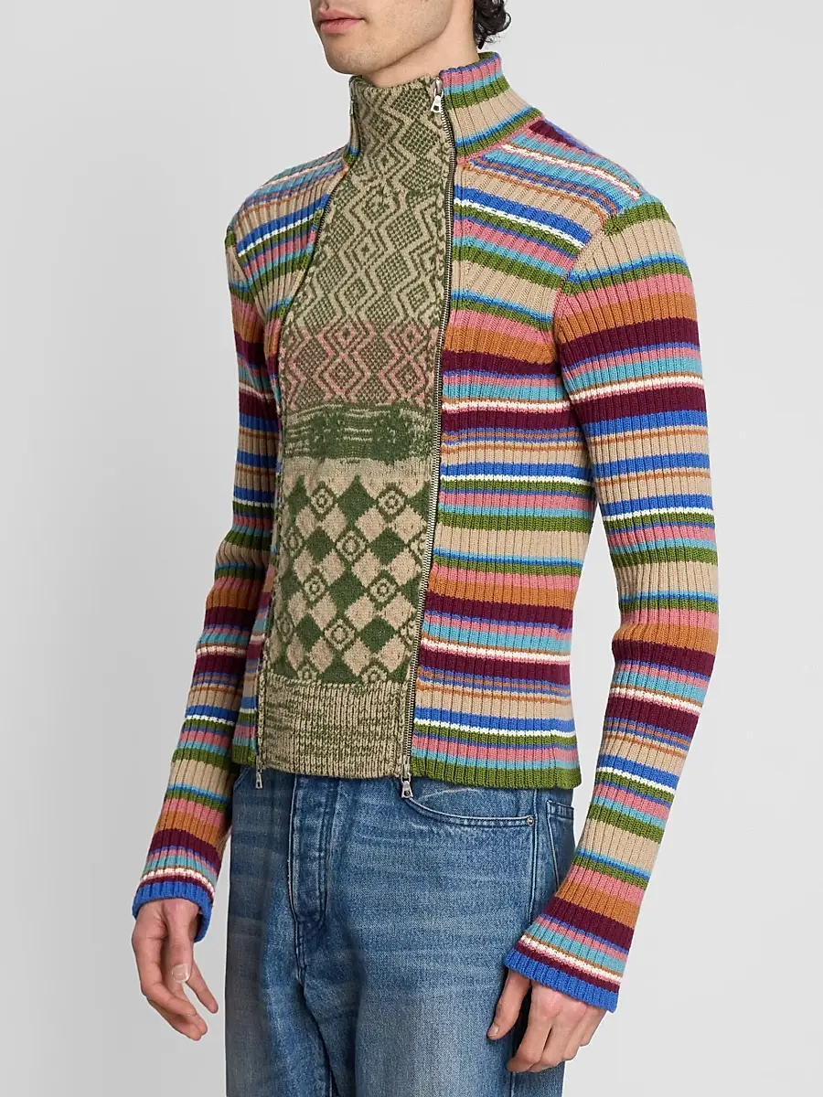 Dries Van Noten Men's Striped Wool Rib-Knit Cardigan | Thumbnail 4