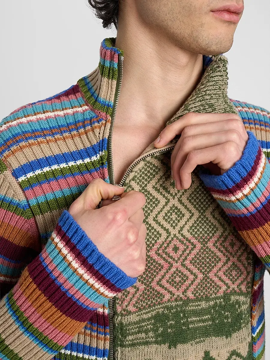 Dries Van Noten Men's Striped Wool Rib-Knit Cardigan | Thumbnail 5