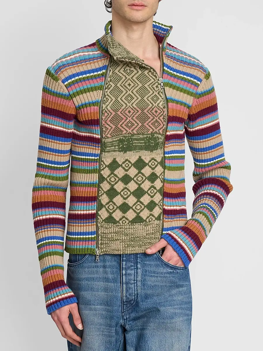 Dries Van Noten Men's Striped Wool Rib-Knit Cardigan | Thumbnail 6