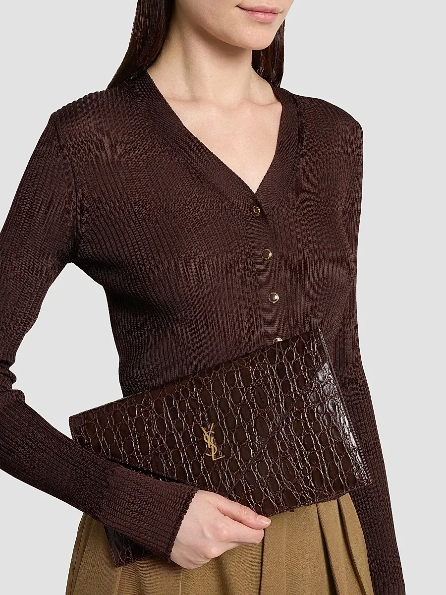 Saint Laurent Women's Paris Pouch in Crocodile-Embossed Leather - Easy Brown | Thumbnail 3