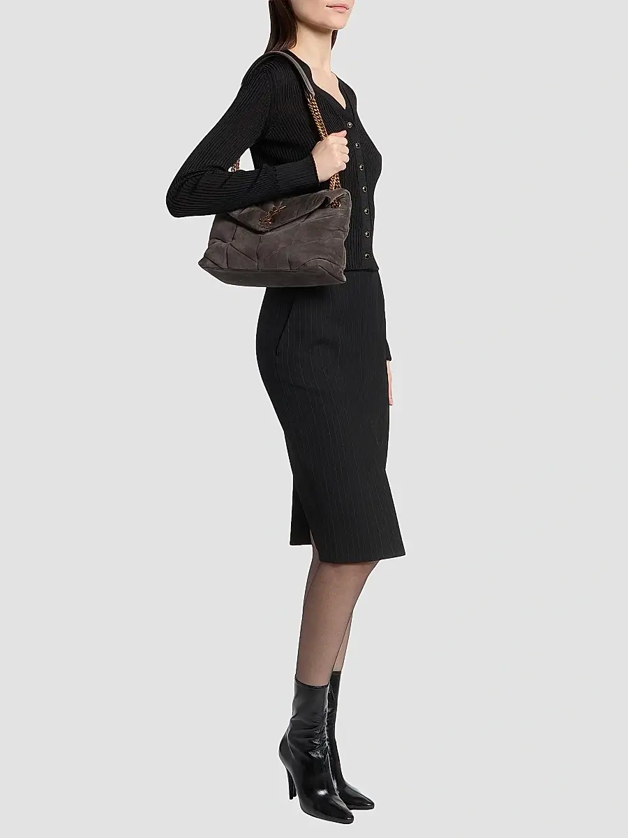 Saint Laurent Women's Puffer Small in Quilted Suede - Urban Grey | Thumbnail 2 Saint Laurent Women's Puffer Small in Quilted Suede - Urban Grey | Thumbnail 2