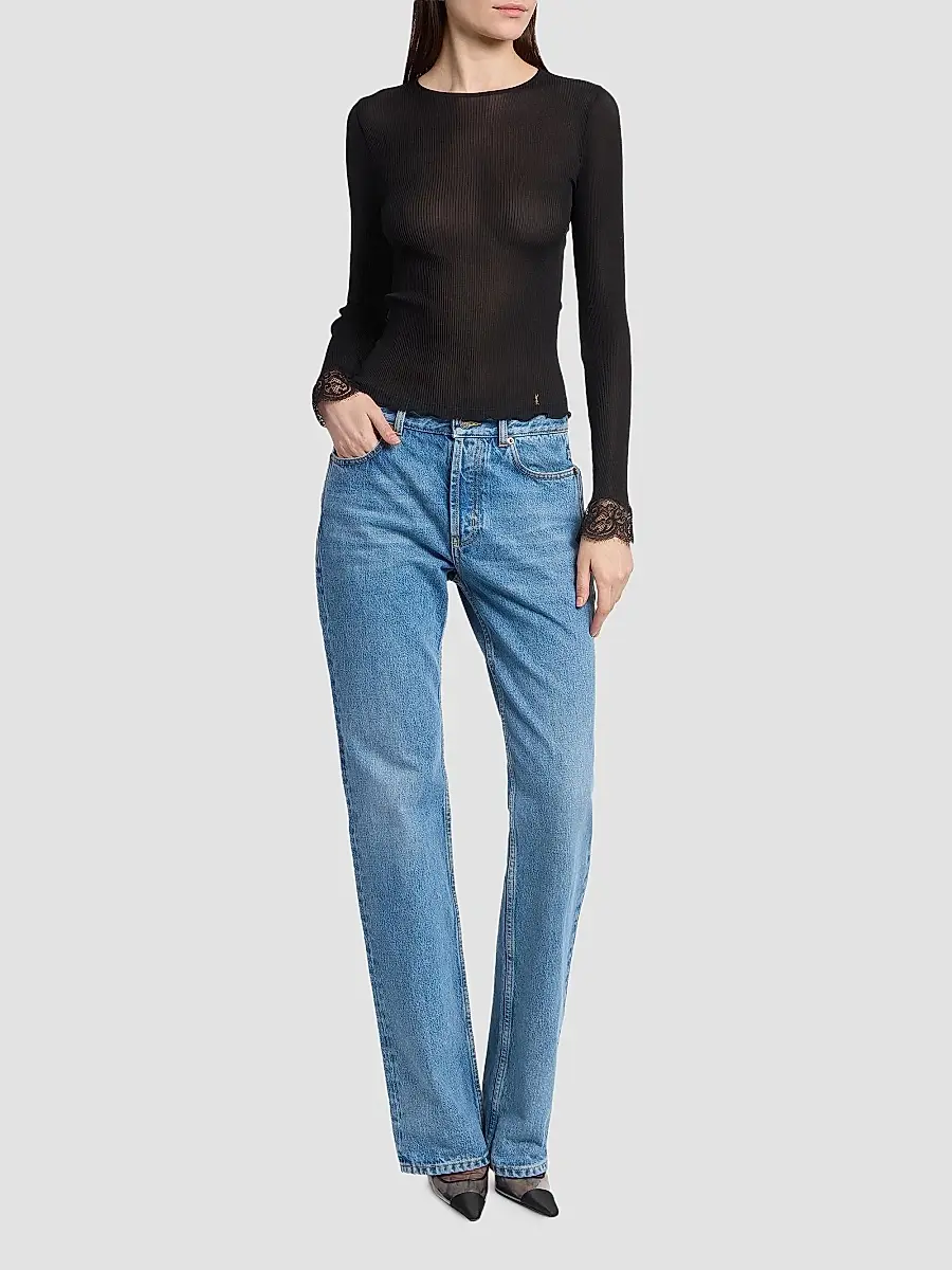 Saint Laurent Women's Cassandre Lace-Cuff Top in Ribbed Silk Jersey | Thumbnail 2 Saint Laurent Women's Cassandre Lace-Cuff Top in Ribbed Silk Jersey | Thumbnail 2