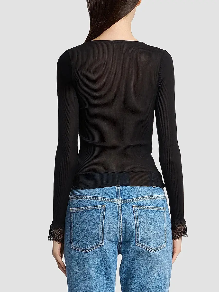 Saint Laurent Women's Cassandre Lace-Cuff Top in Ribbed Silk Jersey | Thumbnail 3 Saint Laurent Women's Cassandre Lace-Cuff Top in Ribbed Silk Jersey | Thumbnail 3