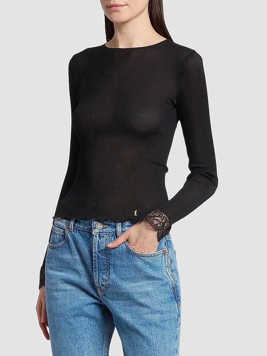 Saint Laurent Women's Cassandre Lace-Cuff Top in Ribbed Silk Jersey | Thumbnail 4 Saint Laurent Women's Cassandre Lace-Cuff Top in Ribbed Silk Jersey | Thumbnail 4