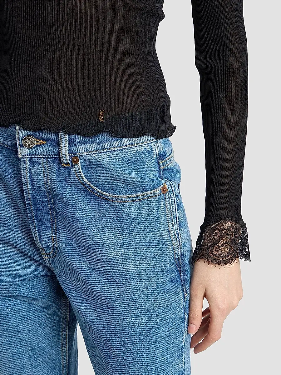 Saint Laurent Women's Cassandre Lace-Cuff Top in Ribbed Silk Jersey | Thumbnail 5 Saint Laurent Women's Cassandre Lace-Cuff Top in Ribbed Silk Jersey | Thumbnail 5