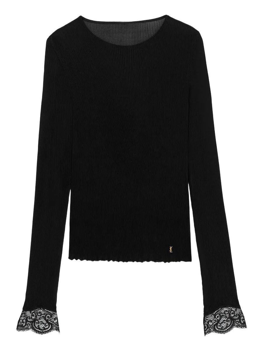 Saint Laurent Women's Cassandre Lace-Cuff Top in Ribbed Silk Jersey