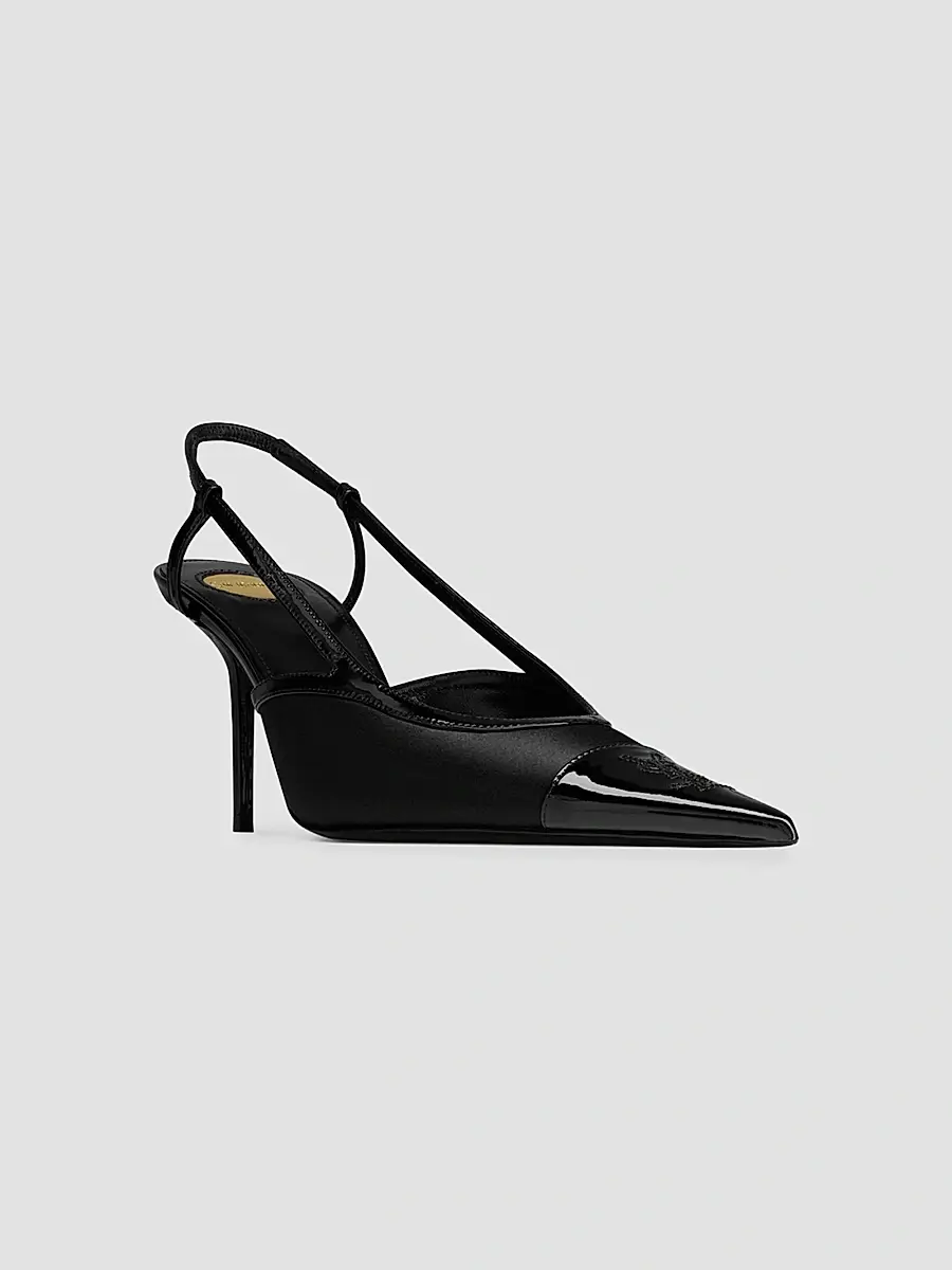 Saint Laurent Women's Slingback Pumps in Satin Crepe and Patent Leather - Black | Thumbnail 2 Saint Laurent Women's Slingback Pumps in Satin Crepe and Patent Leather - Black | Thumbnail 2