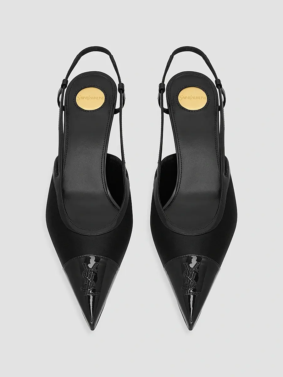 Saint Laurent Women's Slingback Pumps in Satin Crepe and Patent Leather - Black | Thumbnail 3 Saint Laurent Women's Slingback Pumps in Satin Crepe and Patent Leather - Black | Thumbnail 3