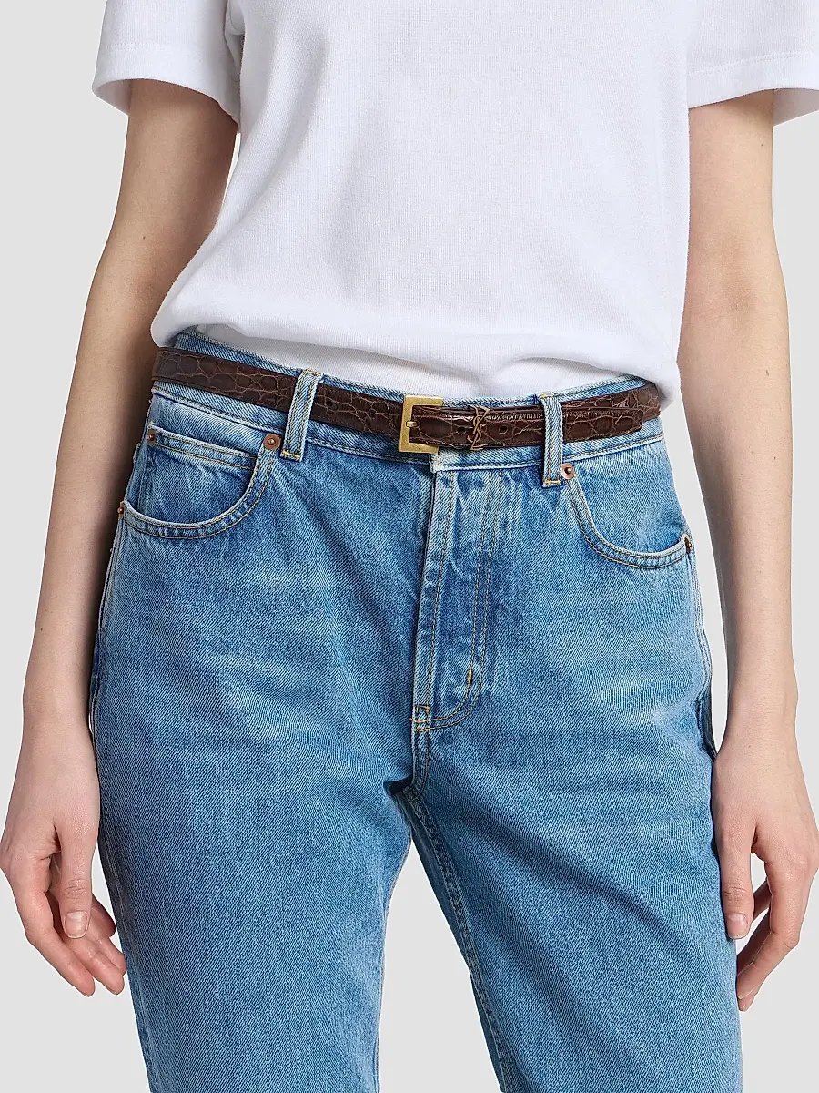 Saint Laurent Women's Cassandre Thin Belt in Crocodile-Embossed Leather - Coffee Shot | Thumbnail 2 Saint Laurent Women's Cassandre Thin Belt in Crocodile-Embossed Leather - Coffee Shot | Thumbnail 2