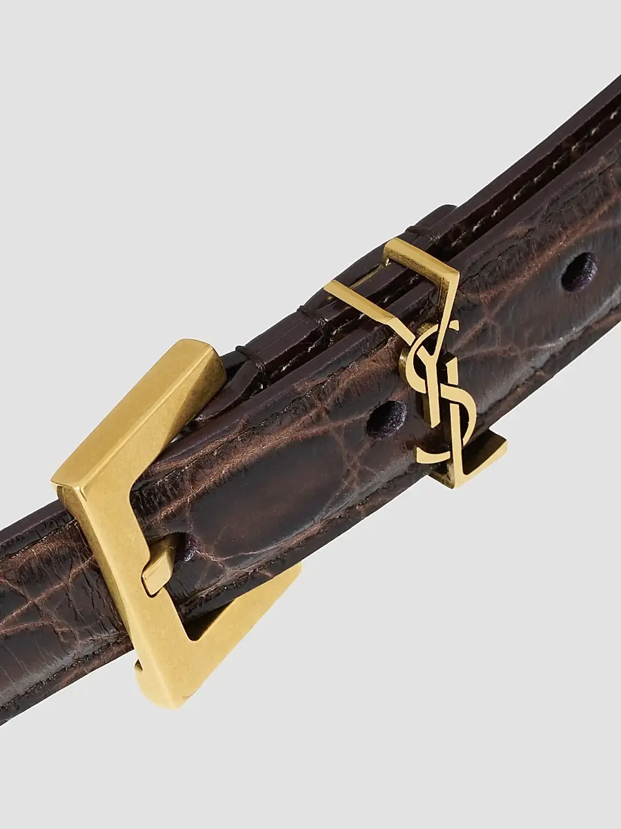 Saint Laurent Women's Cassandre Thin Belt in Crocodile-Embossed Leather - Coffee Shot | Thumbnail 4 Saint Laurent Women's Cassandre Thin Belt in Crocodile-Embossed Leather - Coffee Shot | Thumbnail 4