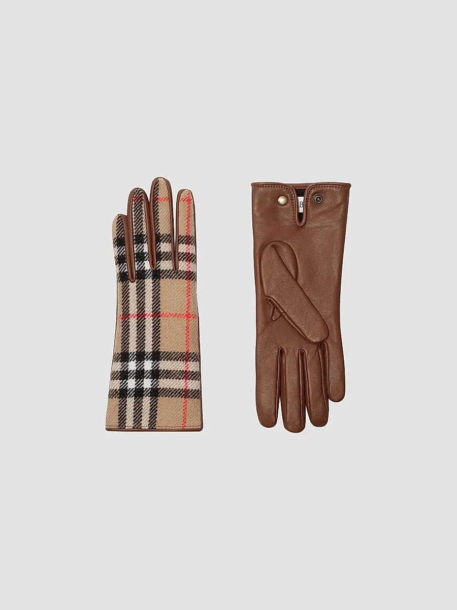 Burberry Women's Check Wool & Leather Gloves - Archive Beige | Thumbnail 2 Burberry Women's Check Wool & Leather Gloves - Archive Beige | Thumbnail 2