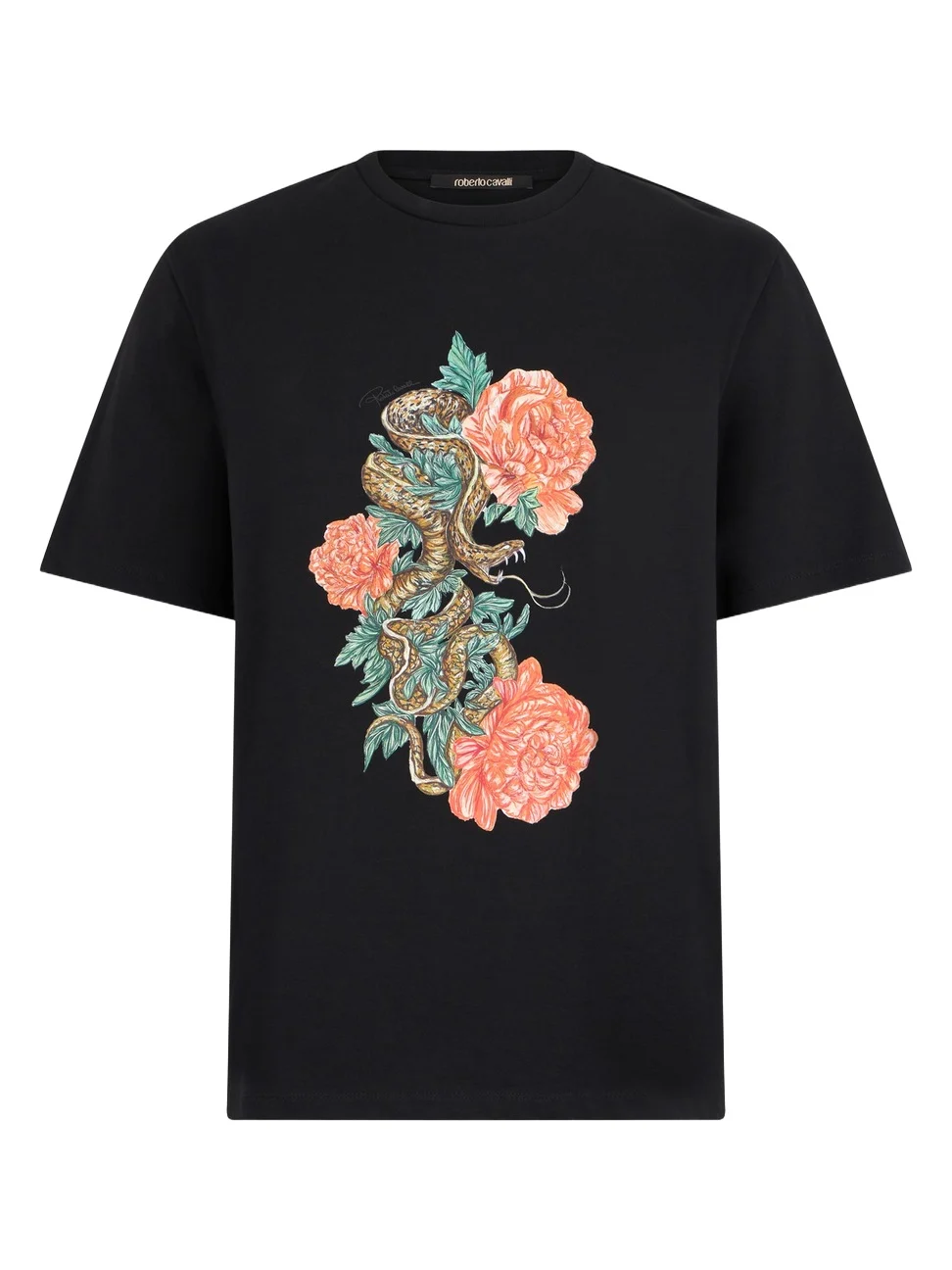 Roberto Cavalli Black T-Shirt With Snake Floral Print