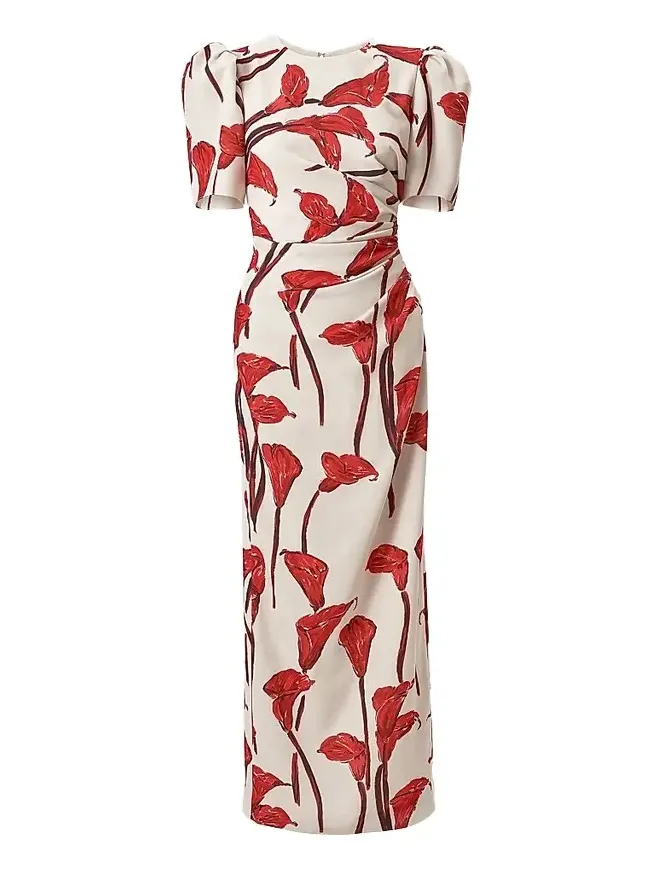Women's Floral Gathered Puff-Sleeve Cocktail Dress