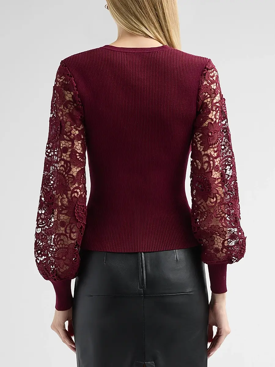 Milly Women's Josette Lace-Sleeve Crewneck Sweater | Thumbnail 3 Milly Women's Josette Lace-Sleeve Crewneck Sweater | Thumbnail 3
