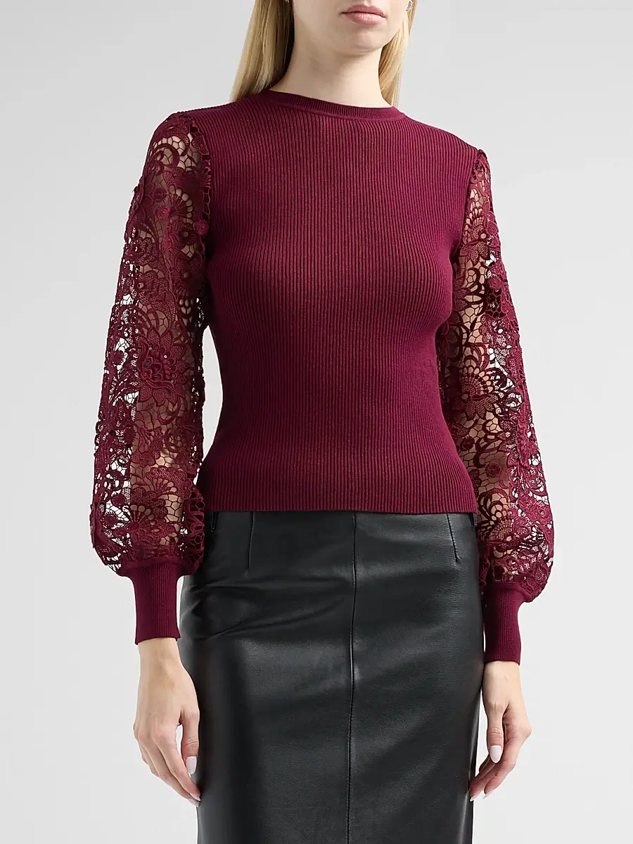 Milly Women's Josette Lace-Sleeve Crewneck Sweater | Thumbnail 4 Milly Women's Josette Lace-Sleeve Crewneck Sweater | Thumbnail 4