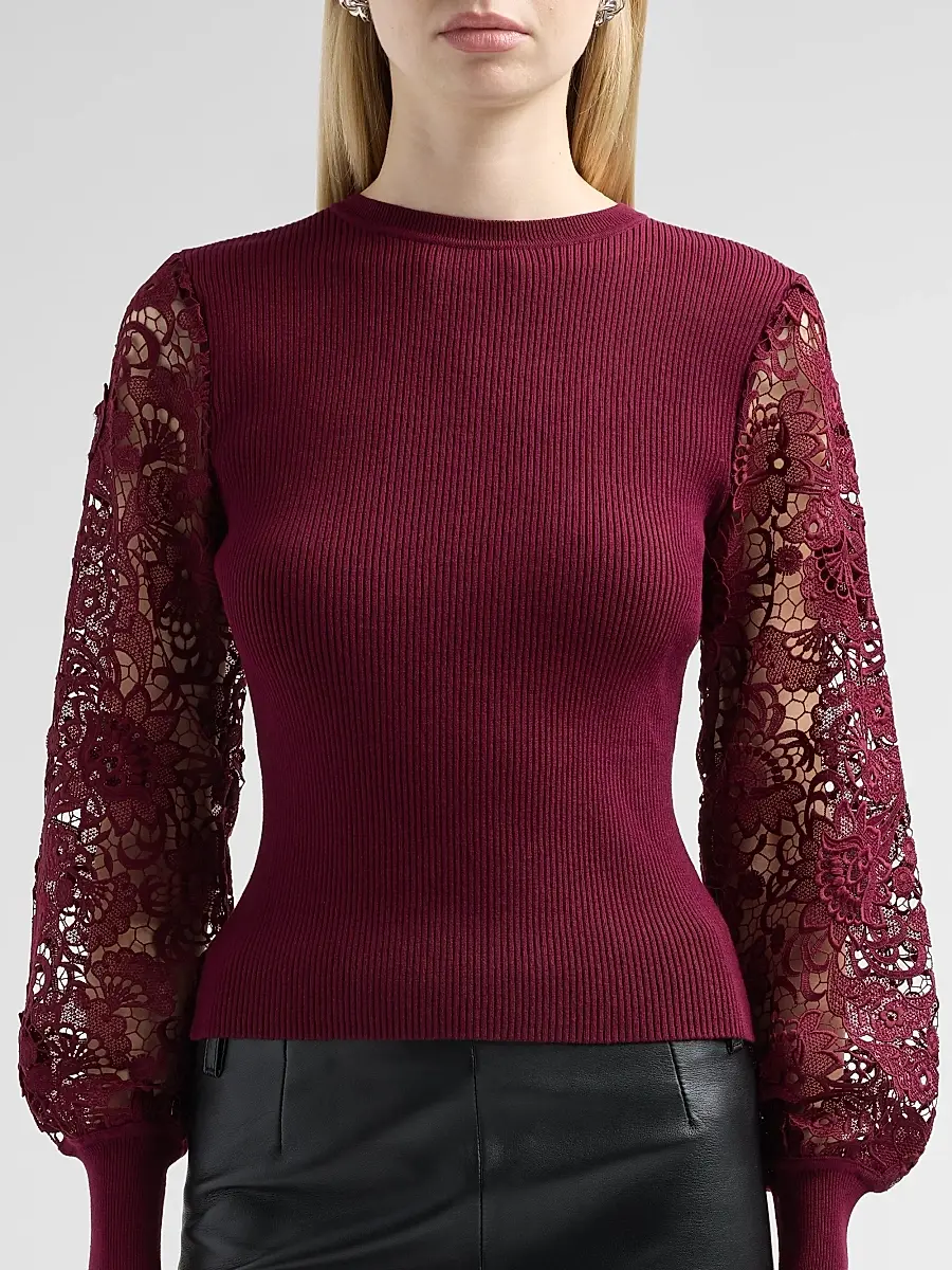 Milly Women's Josette Lace-Sleeve Crewneck Sweater | Thumbnail 5 Milly Women's Josette Lace-Sleeve Crewneck Sweater | Thumbnail 5