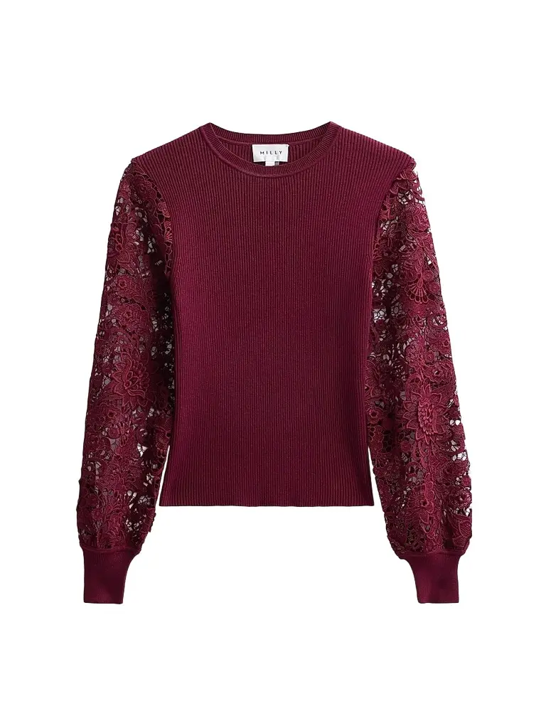 Milly Women's Josette Lace-Sleeve Crewneck Sweater