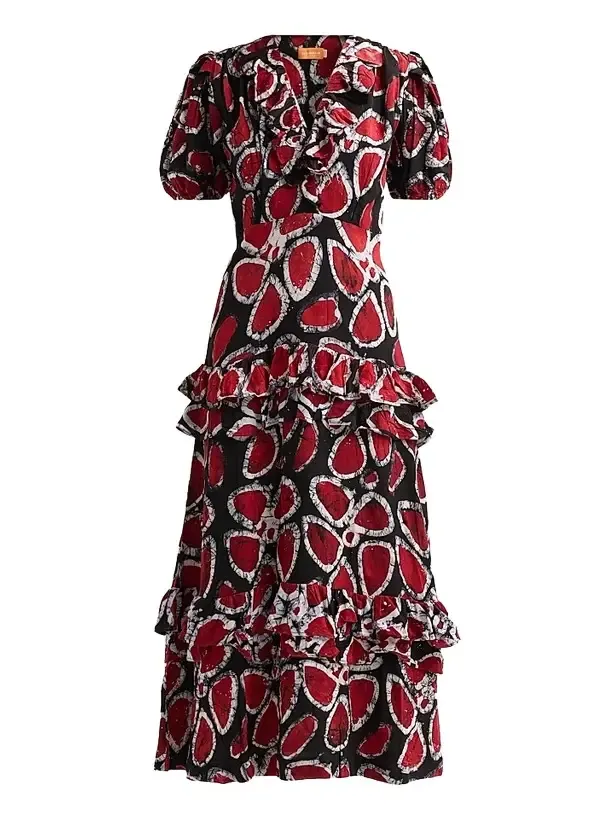 Women's Lase Printed Ruffle Cotton Midi Dress