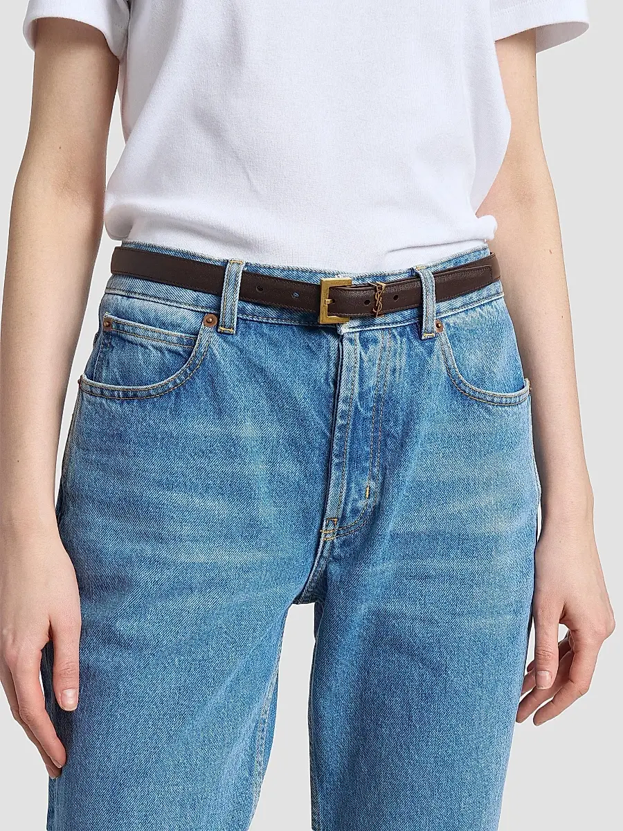 Saint Laurent Women's Cassandre Thin Belt with Square Buckle in Smooth Leather - Mountain Rock | Thumbnail 2 Saint Laurent Women's Cassandre Thin Belt with Square Buckle in Smooth Leather - Mountain Rock | Thumbnail 2
